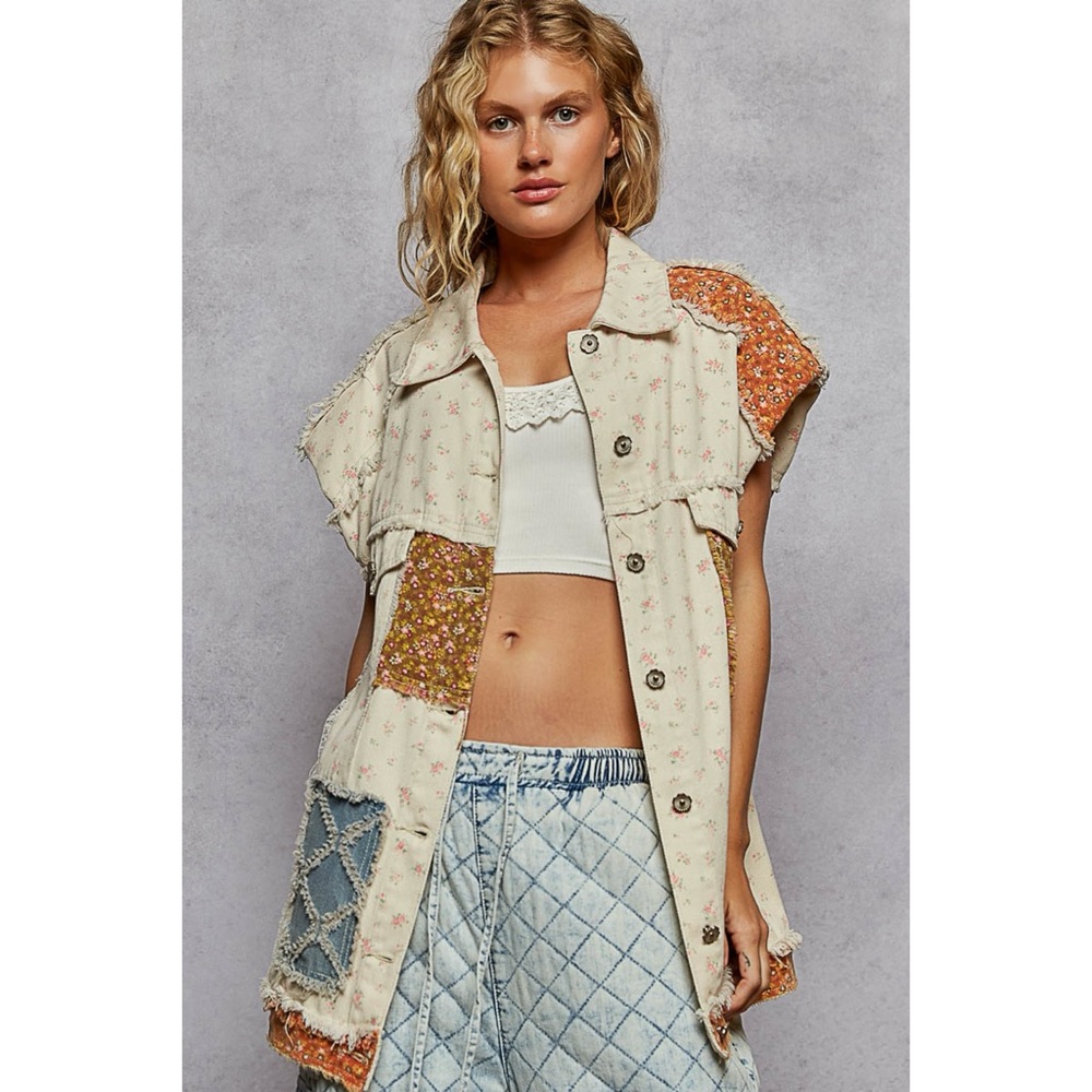 POL Cream Floral Patchwork Denim Vest | Long Mixed Fabric Boho Vest - Picture 5 of 5